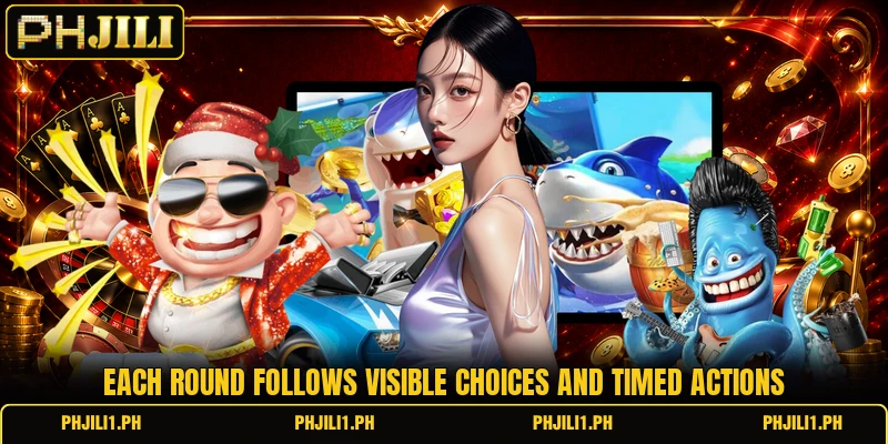 Each round follows visible choices and timed actions Each round follows visible choices and timed actions